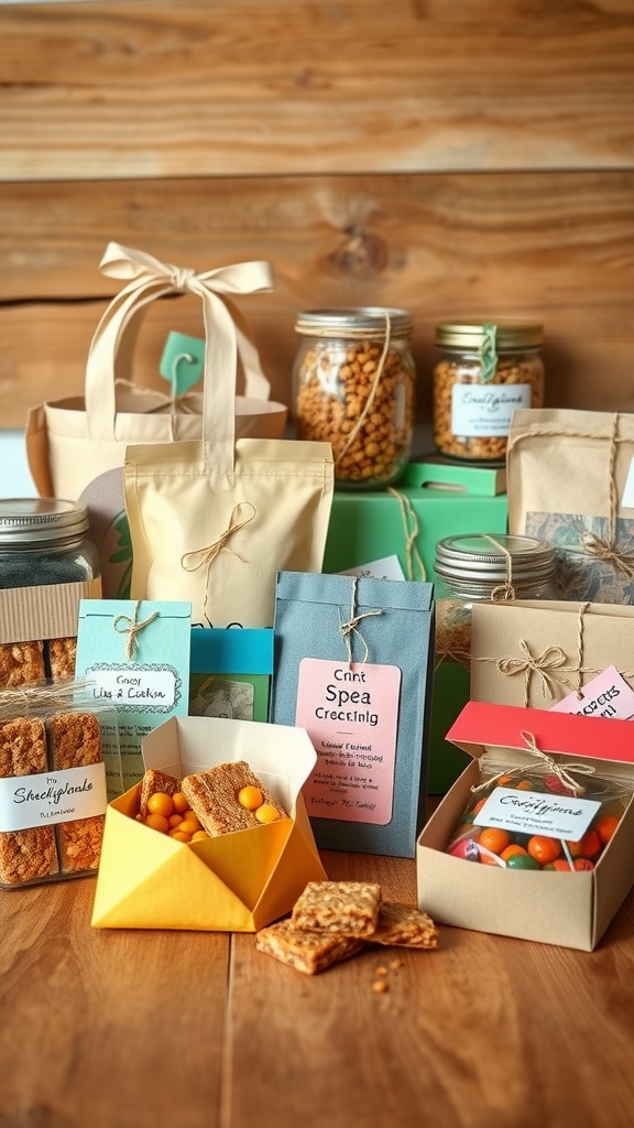 Various eco-friendly packaged homemade snacks on a wooden table.